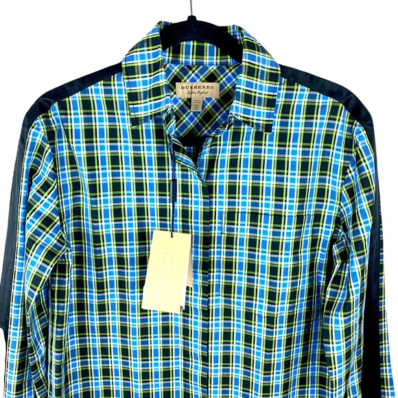 Burberry Saoirse Plaid Long Sleeve Silk Trim Button Shirt Azure Blue - Picture 6 of 16